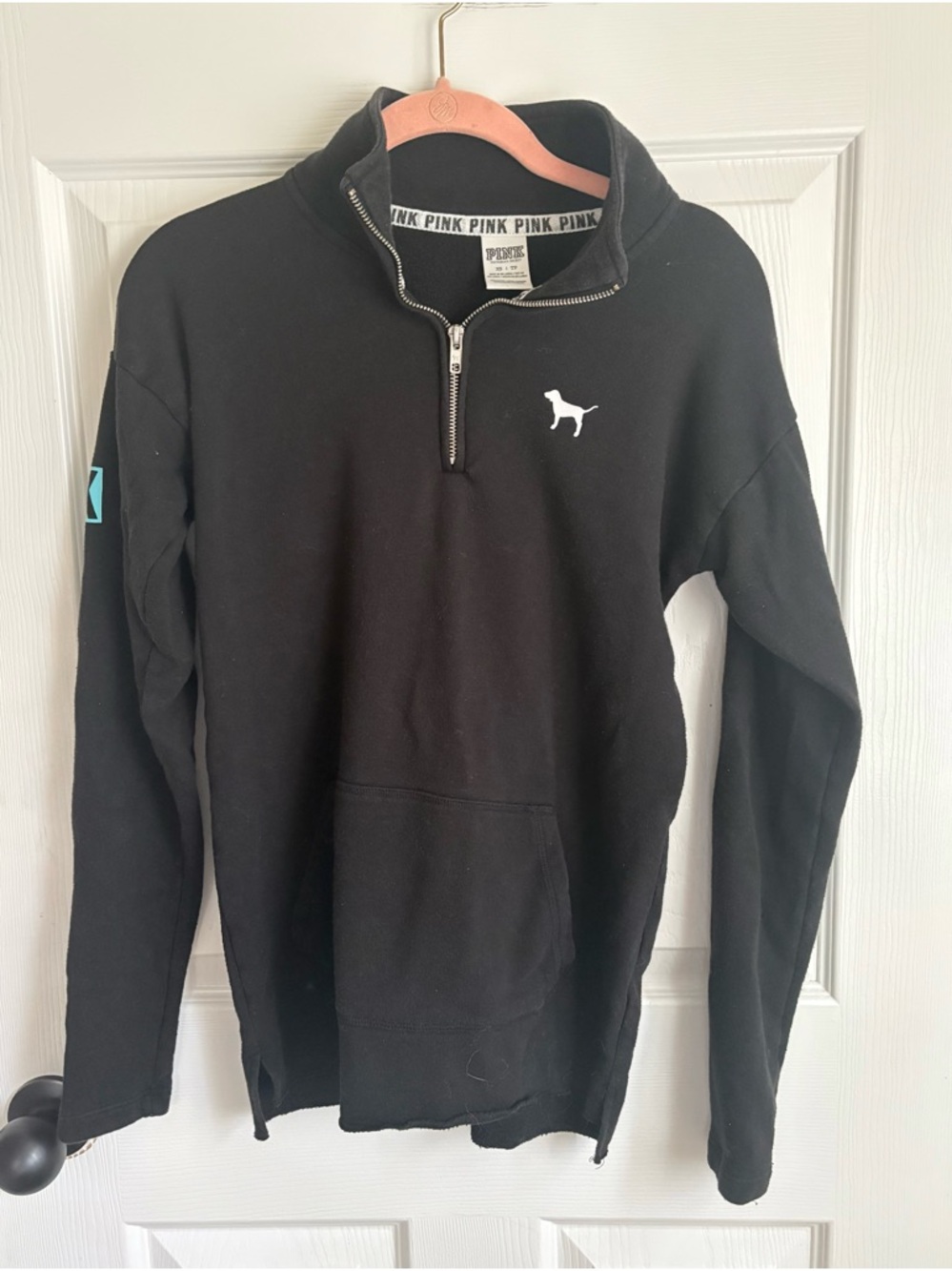 PINK Victoria's Secret Black Quarter-Zip Pullover with White Dog Logo